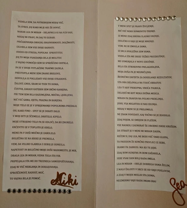 Ročno napisano pismo zahvale, podpisano Niki